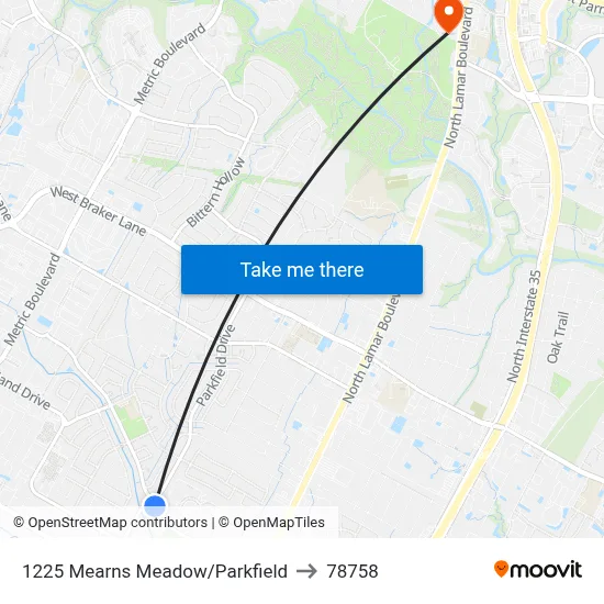 1225 Mearns Meadow/Parkfield to 78758 map