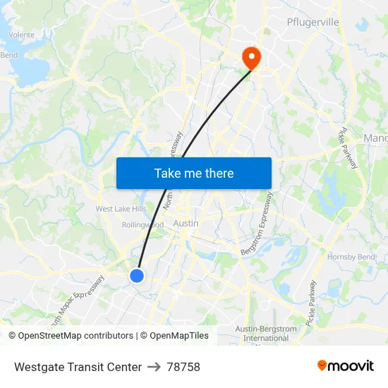 Westgate Transit Center to 78758 map