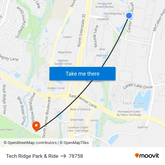 Tech Ridge Park & Ride to 78758 map