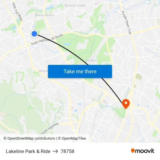 Lakeline Park & Ride to 78758 map