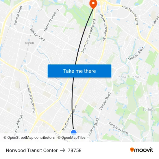 Norwood Transit Center to 78758 map