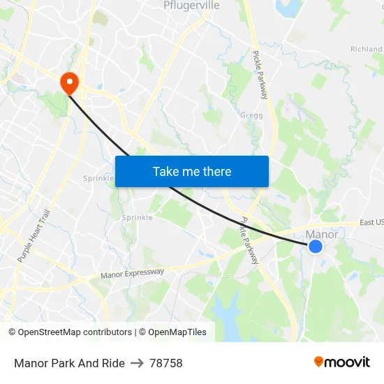 Manor Park And Ride to 78758 map
