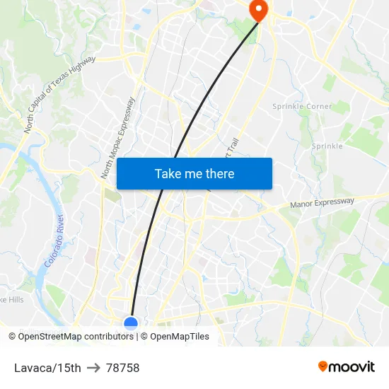 Lavaca/15th to 78758 map