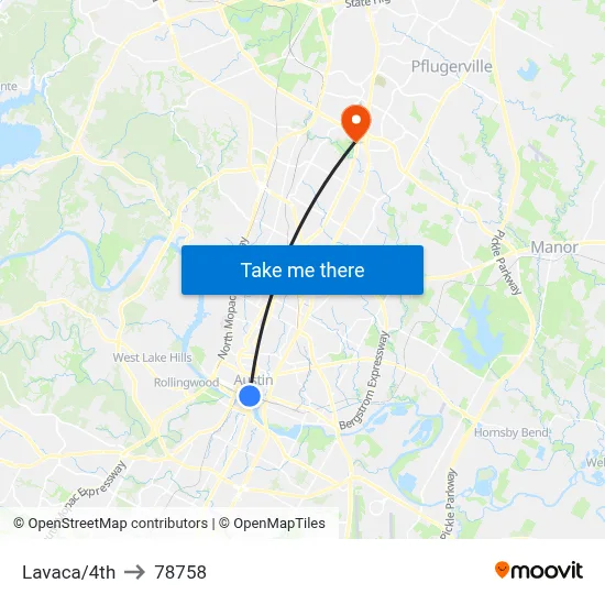 Lavaca/4th to 78758 map