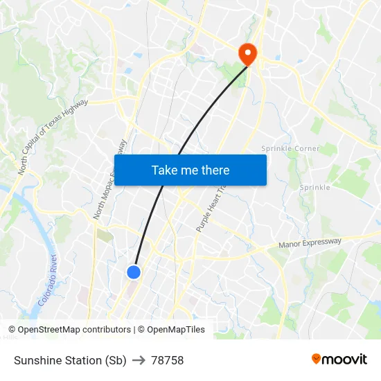 Sunshine Station (Sb) to 78758 map