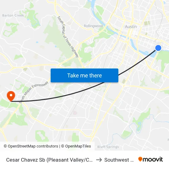 Cesar Chavez Sb (Pleasant Valley/Cesar Chavez) to Southwest Austin map