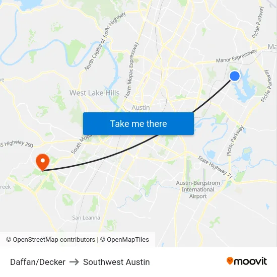 Daffan/Decker to Southwest Austin map