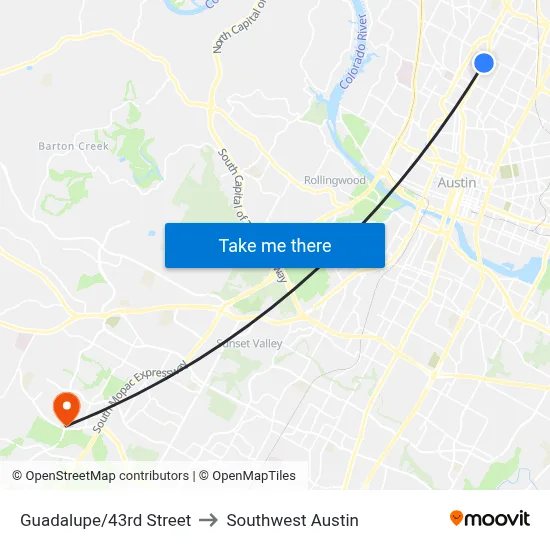 Guadalupe/43rd Street to Southwest Austin map