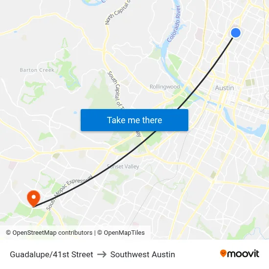 Guadalupe/41st Street to Southwest Austin map