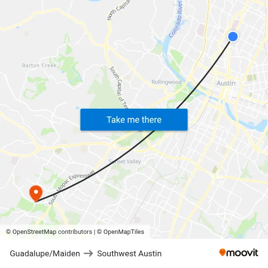 Guadalupe/Maiden to Southwest Austin map