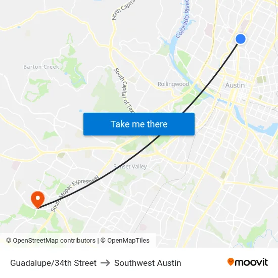 Guadalupe/34th Street to Southwest Austin map
