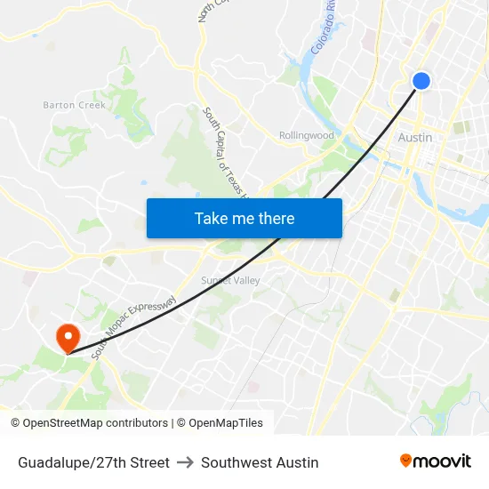 Guadalupe/27th Street to Southwest Austin map