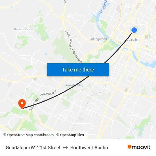 Guadalupe/W. 21st Street to Southwest Austin map