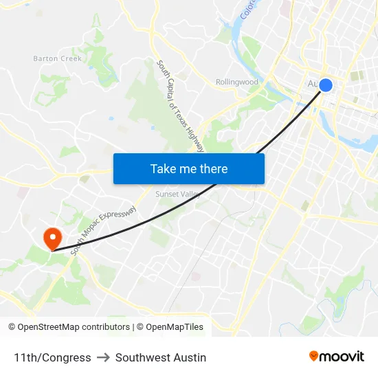 11th/Congress to Southwest Austin map