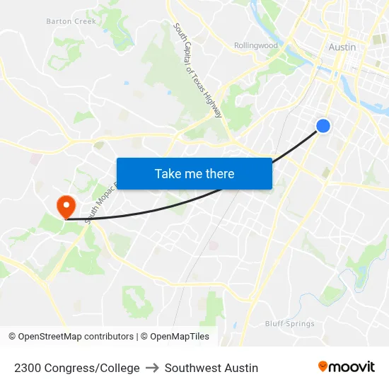 2300 Congress/College to Southwest Austin map