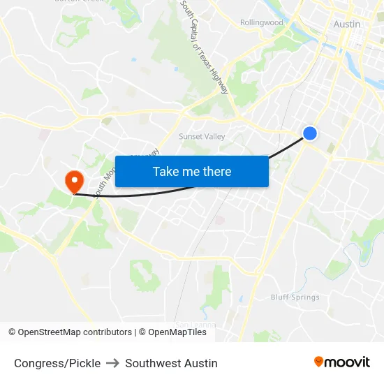 Congress/Pickle to Southwest Austin map