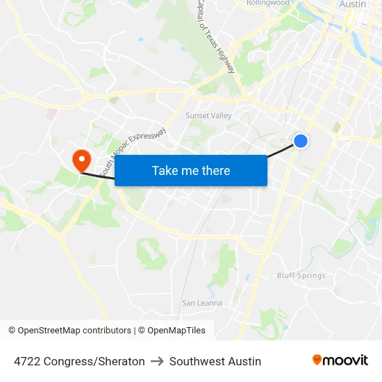 4722 Congress/Sheraton to Southwest Austin map