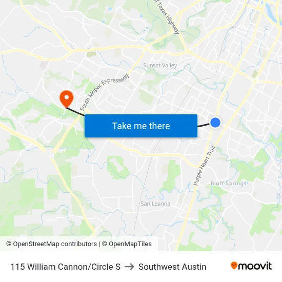115 William Cannon/Circle S to Southwest Austin map