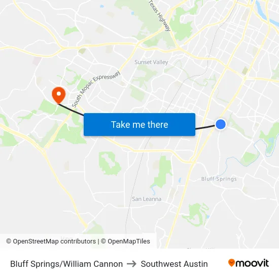 Bluff Springs/William Cannon to Southwest Austin map