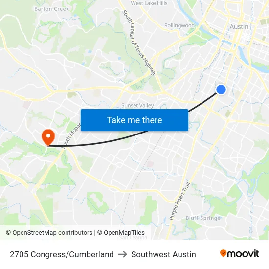 2705 Congress/Cumberland to Southwest Austin map