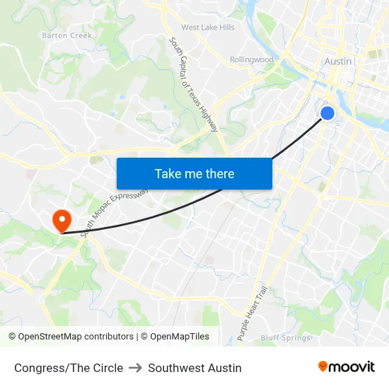 Congress/The Circle to Southwest Austin map