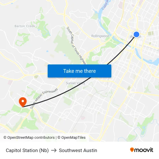 Capitol Station (Nb) to Southwest Austin map