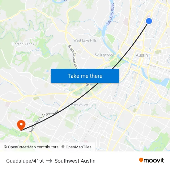 Guadalupe/41st to Southwest Austin map
