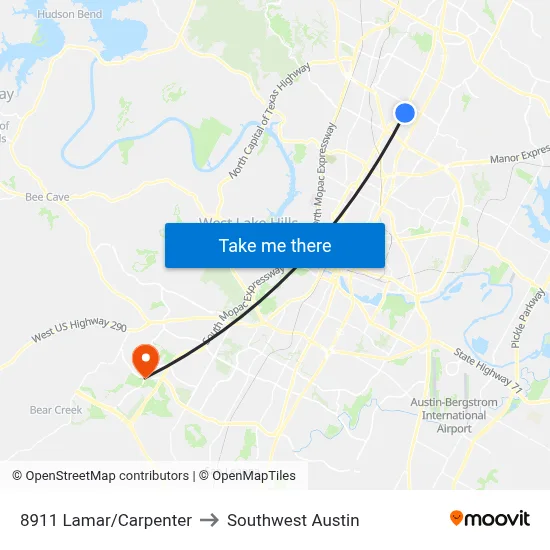 8911 Lamar/Carpenter to Southwest Austin map