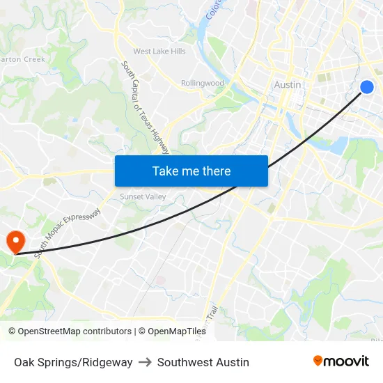 Oak Springs/Ridgeway to Southwest Austin map