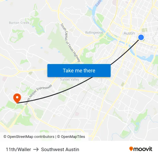 11th/Waller to Southwest Austin map