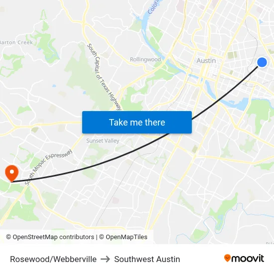 Rosewood/Webberville to Southwest Austin map