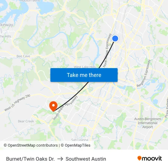 Burnet/Twin Oaks Dr. to Southwest Austin map