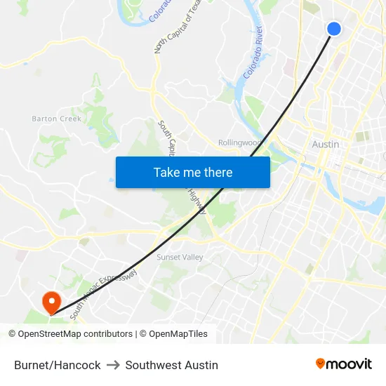Burnet/Hancock to Southwest Austin map