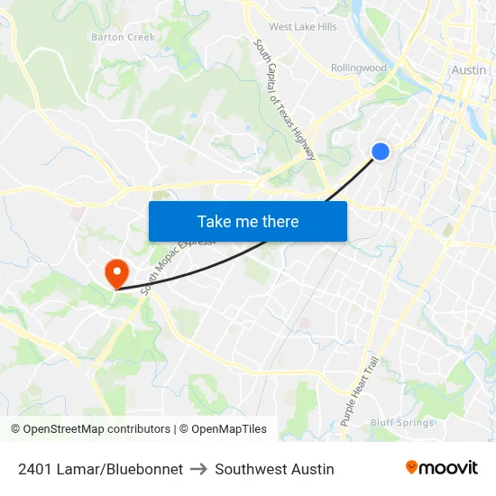 2401 Lamar/Bluebonnet to Southwest Austin map