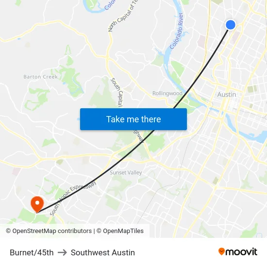 Burnet/45th to Southwest Austin map