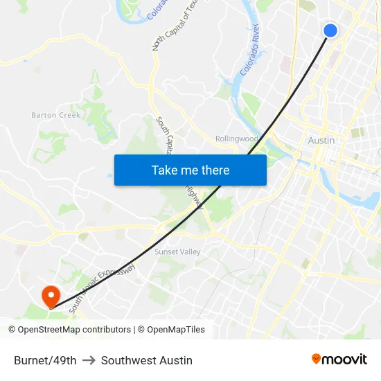 Burnet/49th to Southwest Austin map