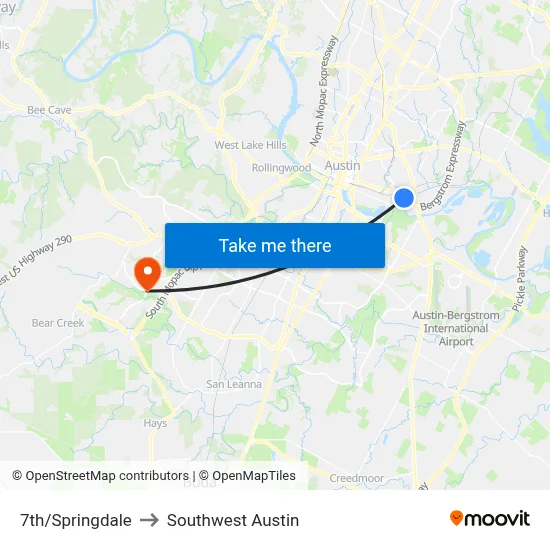 7th/Springdale to Southwest Austin map