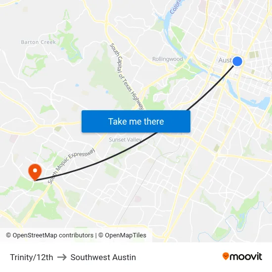 Trinity/12th to Southwest Austin map
