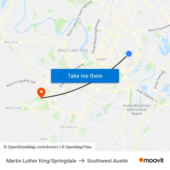 Martin Luther King/Springdale to Southwest Austin map