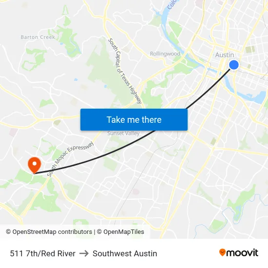 511 7th/Red River to Southwest Austin map