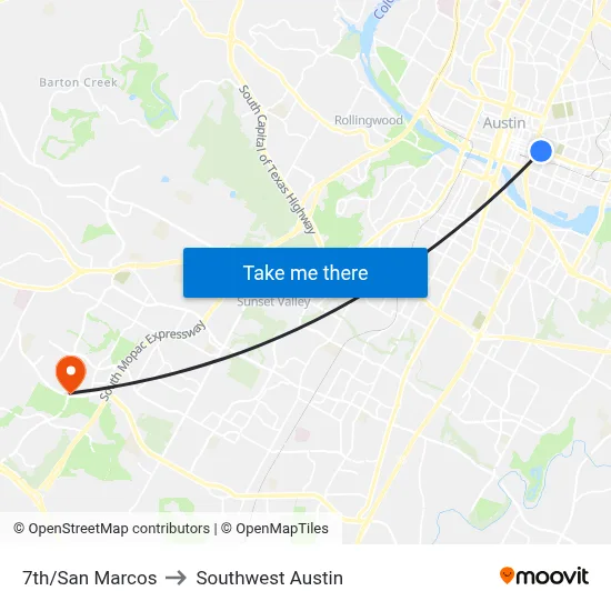 7th/San Marcos to Southwest Austin map