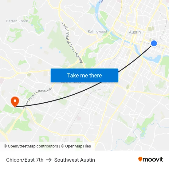 Chicon/East 7th to Southwest Austin map