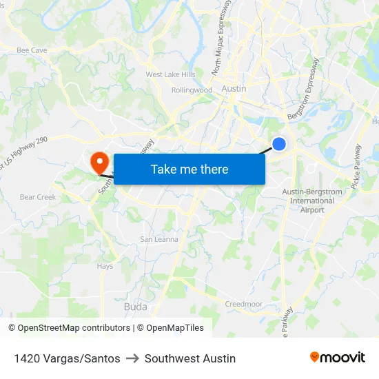 1420 Vargas/Santos to Southwest Austin map