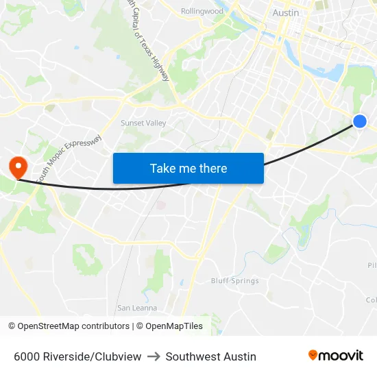 6000 Riverside/Clubview to Southwest Austin map
