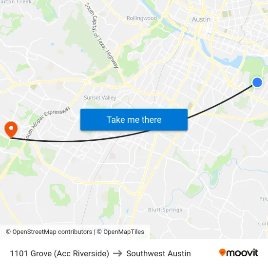1101 Grove (Acc Riverside) to Southwest Austin map