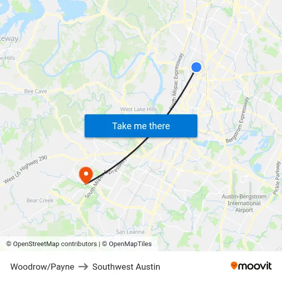 Woodrow/Payne to Southwest Austin map