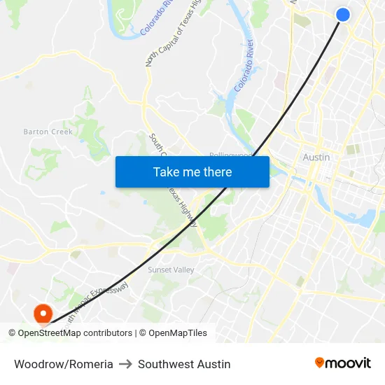 Woodrow/Romeria to Southwest Austin map