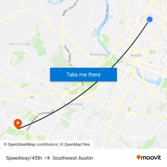 Speedway/45th to Southwest Austin map