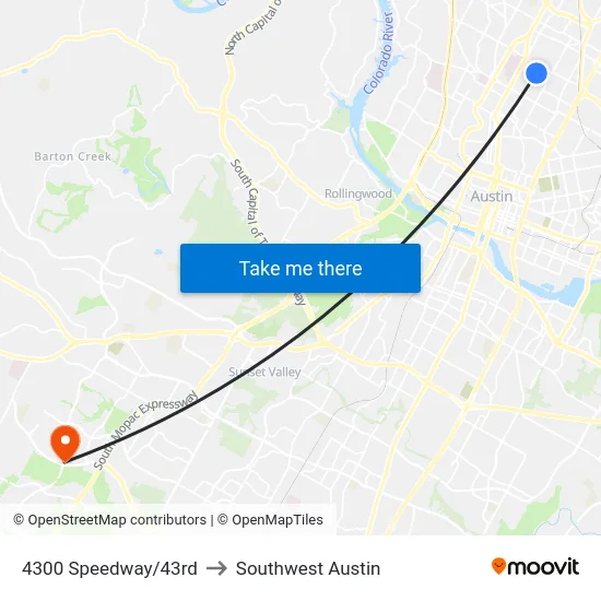 4300 Speedway/43rd to Southwest Austin map