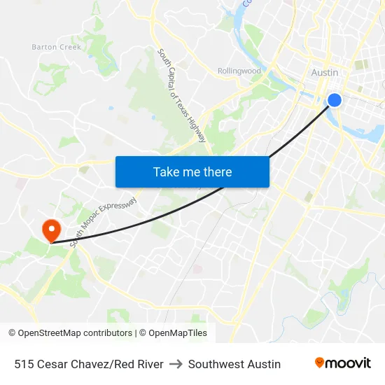 515 Cesar Chavez/Red River to Southwest Austin map